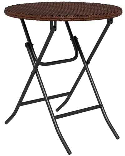 Outsunny Foldable PE Rattan Outdoor Coffee Table, Metal Frame Wicker Round Side Table, Coffee Table Side Table for Lawn, Garden, Mixed Brown