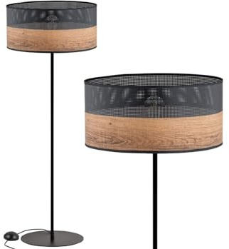 KAR LIGHTING Stehleuchte 1-flammig aus schwarzem Metall mit Holzoptik-Details (PVC) | E27 Fassung | LED geeignet | Stehlampe für Wohnzimmer, Büro oder Leseecke