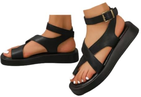 WINDEHAO Sandalias romanas con plataforma de piel auténtica para mujer, sandalias de gladiador de verano, sandalias gruesas para playa (negro, 37 EU)
