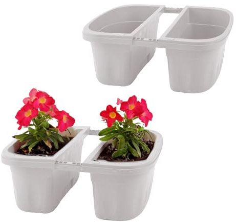 GarPet 2X Blumenkasten Balkongeländer Beidseitig Balkon Blumenkasten Doppelseitig Balkonkasten mit Halterung Geländerkasten mit Wasserspeicher Weiß 40 cm