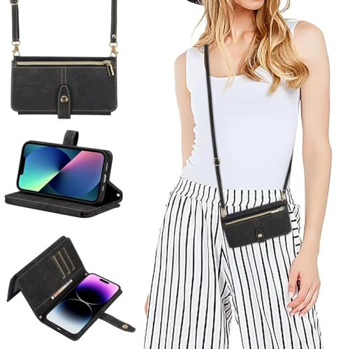 GoodcAcy Samsung Galaxy S7 Edge Hülle mit Band, Leder Samsung Galaxy S7 Edge Handytasche Handyhülle Praktische Handykette Kartenfächer Umhängetasche Samsung Galaxy S7 Edge Case,Schwarz