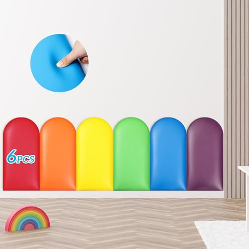 Jetec 6 Pcs Wall Padding for Kids with Autism Playroom Anti-Collision 3D 15.75 x 7.87 Inch Peel and Stick Headboard Upholstered Padded Panels for Nursery Wall Protection (Rainbow Color)
