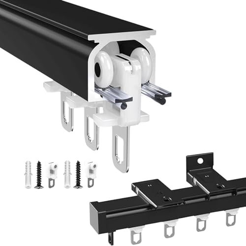 Deckenschiene für Vorhänge, Schiebevorhangschiene, Aluminiumlegierung, Deckenschiene für Vorhänge, Raumteiler, Duschvorhang mit stummen Rollen (Schwarz, 230 cm)
