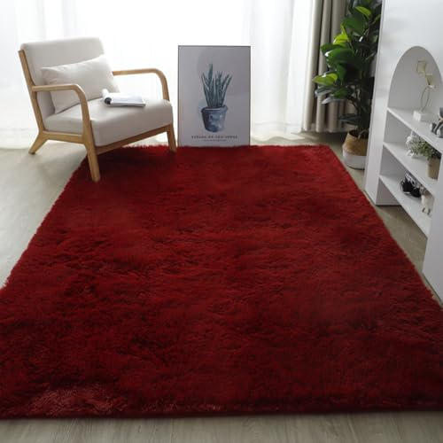 YUANWAN Teppich Wohnzimmer Hochflor Teppich 160 x 110 cm Flauschig Weicher, Maschinenwaschbarer Teppich Schlafzimmer Flauschige Moderne Carpet Bedroom für Schlafzimmer, Wohnzimmer, Weinrot