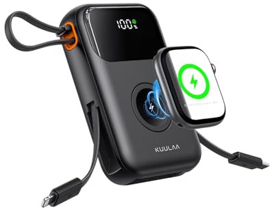 Power Bank 10000mAh, 22.5W Portable Charger USB C Power Bank with Built in Cables, Apple Watch Charger with LCD Display, Battery Pack for Apple Watch/iPhone/iPad/Samsung Galaxy, Black