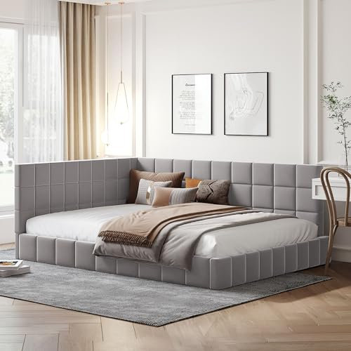 FEZTOY Polsterbett Schlafsofa 140x200, L-förmiger Tagesbett mit Lattenrost aus Samtstoff, Gästebett Jugendbett Kinderbett Gästebett, ohne Matratze (Grau-140x200)