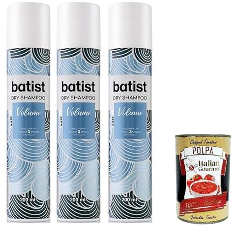 Batist Volume Dry Shampoo, Trockenshampoo für strukturiertes und voluminöses Haar in 3 Minuten, ohne Wasser, für alle Haare, 3x 200 ml + Italian Gourmet polpa 400g