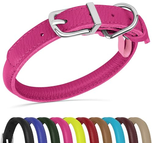 OOPSDOGGY Rolled Leather Dog Collar Soft Roll Collars for Small Medium Large Dogs Puppy (Pink, XXS, 7-9)