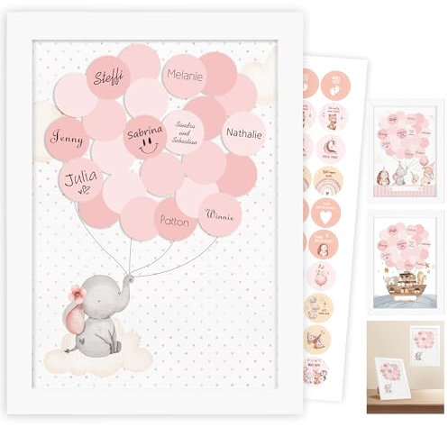 Gästebuch Taufe, Babyparty Gästebuch, Baby Shower Deko, Geschenk Mädchen, Babyparty Gender Reveal Party, Baby Taufbuch Mädchen, Elefanten Gästebild, Hochwertiger Weißem Holzrahmen, Aufklebe (Rosa)
