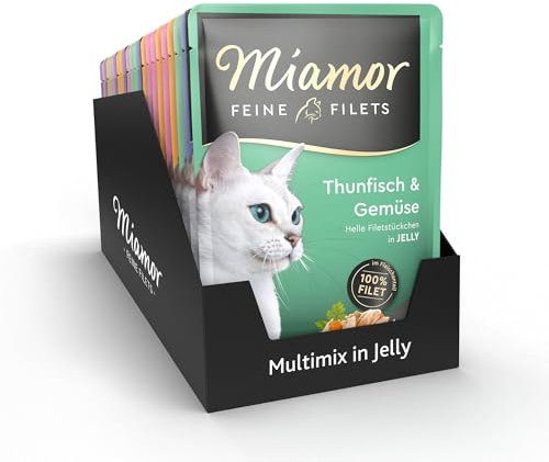 MIAMOR - Feine Filets in Jelly Mixpaket | Nassfutter für ausgewachsene Katzen mit Filetstückchen in Jelly. Fettarmes Ergänzungsfutterim Frischebeutel ohne künstliche Zusätze | 24x100g