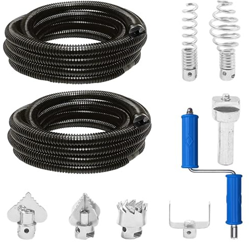 Gemsaya 2Pcs Abflussreiniger Spirale Ø 12mm x 10m, WC Rohrreinigungsspirale mit Elektrischen/Manuellen Adaptern, 6 Abflussreiniger Schneidkopf, Multifunktionale Rohrreinigungswelle für Küche