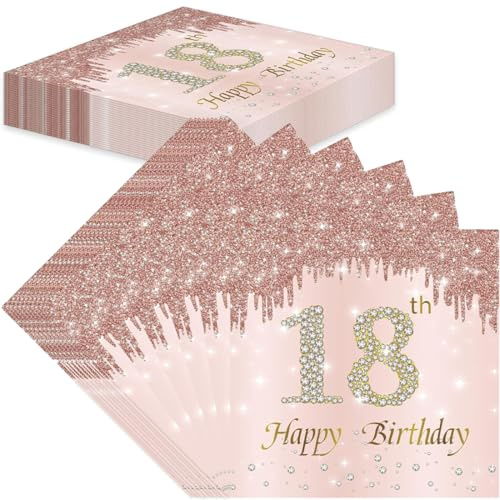 VIVIIHOO 40 Stück Roségold Papier Servietten 18 Geburtstag Mädchen, Happy Birthday Tischdekoration für Frauen, 16.5 x 16.5 cm, Geburtstagsservietten (18th)