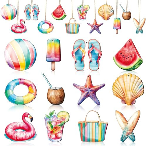 Adorno Madera Colgante Verano 12 Piezas Tropicales Adornos Hawaianos de Madera Decoración de Verano Colgante para Fiesta de Verano, Decoración Tropical