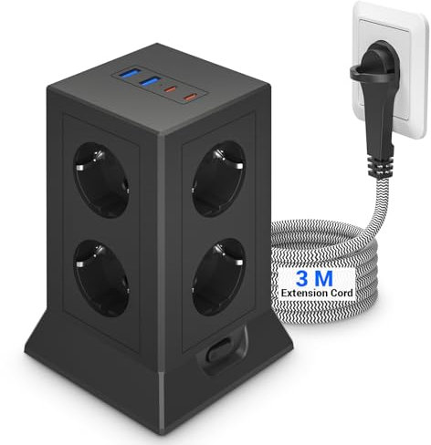 Sixiol Bloc d'alimentation Power Stri avec USB-C, bloc d'alimentation tour Power Stri 8 prises avec 4 ports USB, bloc d'alimentation vertical Power Stri avec protection contre les surtensions et