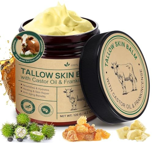 Tallow Castor Oil Frankincense Oil Handmade Skin Balm, Face & Body Moisturizer for Sensitive Skin, Eczema All-Purpose Balm, 100% Grass-Fed Tallow for Skin Care