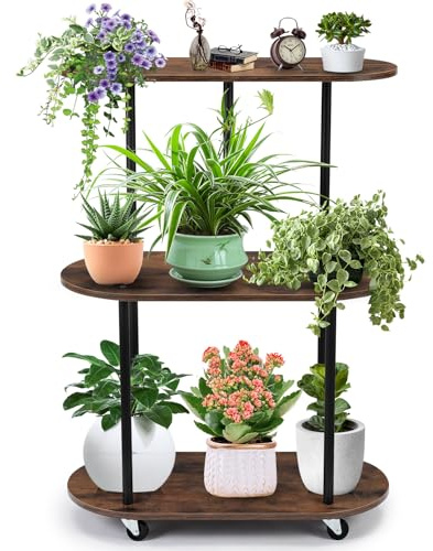Scaffale per Piante 3 Ripiani con Ruote, Supporto Piante in Metallo e Legno, Porta Piante Interno 90 cm Alto per Soggiorno Balcone Cucina, Portavasi Salvaspazio Stabile