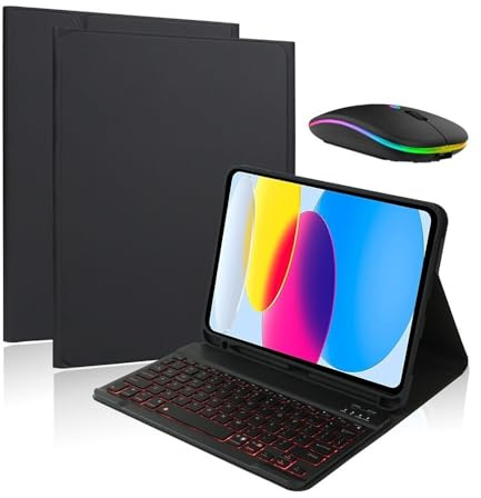 YSJX Tastatur mit Hintergrundbeleuchtung und farbigen Tasten, Leder-Ständerhülle for iPad Pro 11 Zoll (2024)(Black+Keypad 2+Mouse)