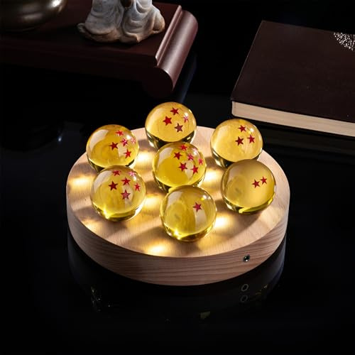 FIYSON 7 Stück Dragon Balls, Dragon Balls 1 bis 7 Sterne,3D Kristallkugel Nachtlicht, USB 40mm GlasKugel, mit Holzsockel, Dragonball Z LED Ball Lampe Anime-Fans Sammlerstücke Geschenk (Gelb–Scheibe)