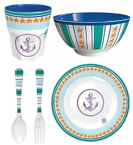 Mila Geschirr Melamin Anker Maritim 4-teilig Seestern Becher Schale Teller Besteck Geschenkset