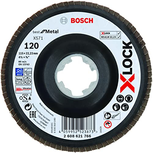 Bosch 1x PRO Metal X571 Fächerschleifscheibe, abgewinkelte Ausführung für X-Lock (für Stahl, Edelstahl, Ø 115 mm, Körnung 120, Professional Zubehör Kleiner Winkelschleifer)