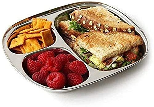 Tuelip Stainless Steel Three Compartment Oval Plate, Steel Thali, Mess Tray, Dinner Plate - 9.5 Inch