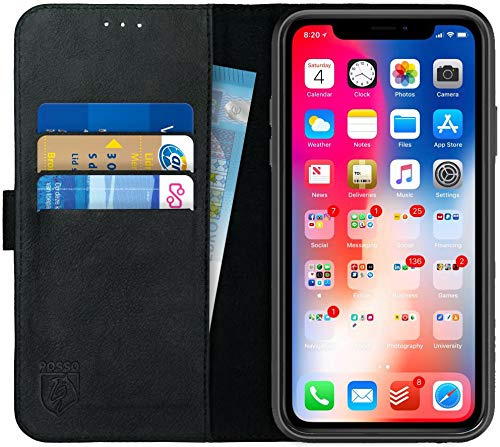 Rosso Deluxe Echtleder Book Case Hülle Geeignet für iPhone XR | Platz für drei Karten | Geldbörse Book Case | Mit Kartenhalter | Schwarz