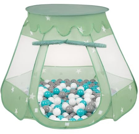 Selonis Baby Spielzelt Mit Plastikbällen Zelt 105X90cm/100 Stück Bälle Plastikkugel Kinder, Minze:Grau/Weiß/Türkis