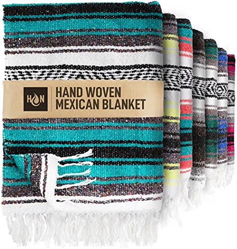 Handcrafted Large Mexican Blankets, Artisanal Handwoven Serape Blanket Authentic Falsa Blanket Beach Blanket Camping Blanket Picnic Blanket Outdoor Blanket Boho Throw Blankets Emerald