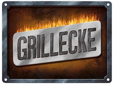 Grillecke Metallschild Feuer Grill grillen Fleisch Bier Feier Freunde Wurst