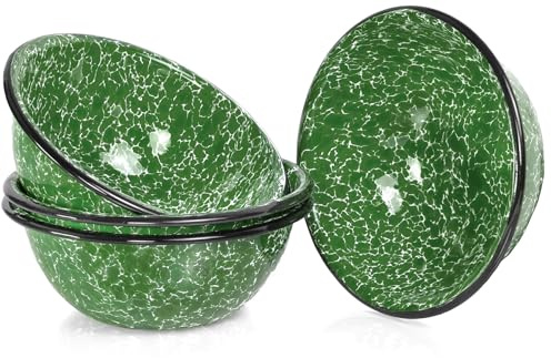 Red Co. Enamelware Classic 20 oz Round Cereal Bowl, Dark Green Marble/Black Rim - Splatter Design - Set of 4