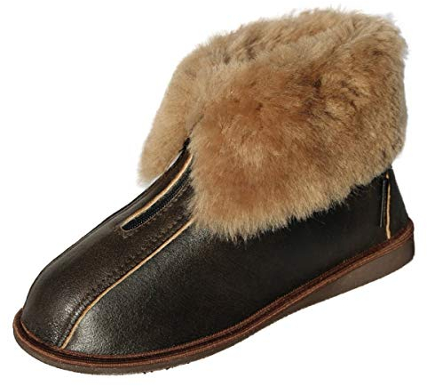 Hollert Damen & Herren Lammfell Hausschuhe Alaska Dunkelbraun Fellschuhe mit Reißverschluss 100% Merino Schaffell für Wohlgefühl - warm, atmungsaktiv Schuhgröße 43