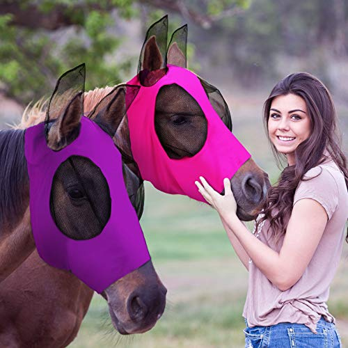 Lot de 2 masques anti-mouches pour cheval avec oreilles lisses et élastiques avec protection UV (violet, rose, taille M)