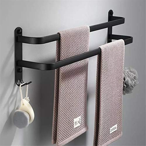 SONGHONG Porte Serviette Murale - Porte Serviette Salle De Bain sur Pied Aluminium Serviette Double Barre Porte-Serviettes Noir Mat Porte-Serviettes avec Et Design Deux Crochet sans Rouille,50cm