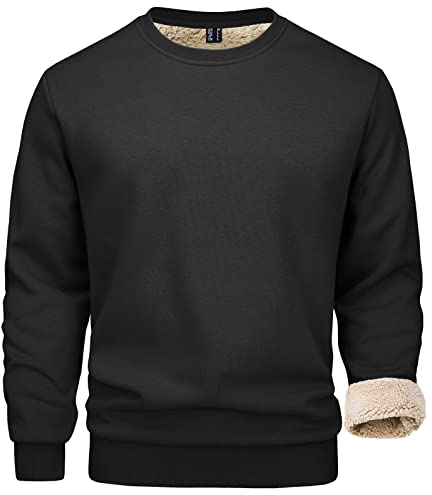 MAGCOMSEN Mens Sweatshirt with Sherpa Lining Pullover Men Winter Basic T-Shirt Warm Plain Sweatshirts Outdoor Work Jumper Men Pullover Sweater with Fleece Lined Winter Thick Tops, Black