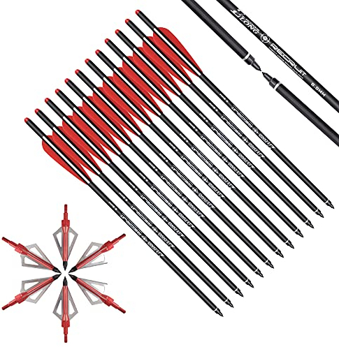 NIKA ARCHERY 12 Stück Carbonpfeile Armbrustbolzen 16 Zoll und 6 Stück 3-Blatt 100 Grain Armbrust Jagdspitzen kit, Armbrust Carbonpfeile Armbrustpfeile für Jagd Bogenschießen Ziel Praxis