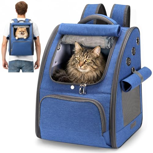ALLSOPETS Zaino per Cani, Trasportino Gatto Zaino Pieghevole e Traspirante per Cani e Gatti con Tendine Parasole Ideale per Viaggi Escursioni e Campeggio (Blu Reale)