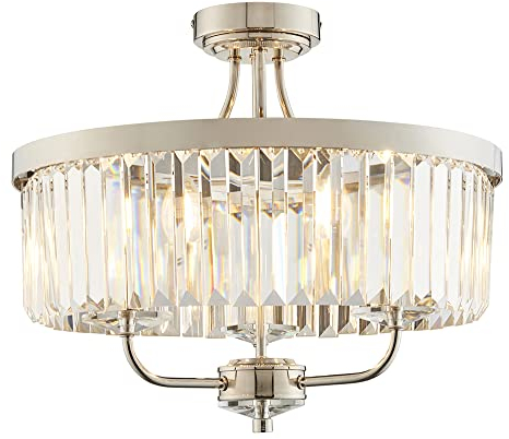 Bright Nickel Semi Flush Ceiling Light with Clear Cut Glass 3 Bulb Low Hanging | Steel & Glass Construction - Bulb Not Included - Requires 3 X 6W LED E14-470 Lumens - Dimmable Lighting