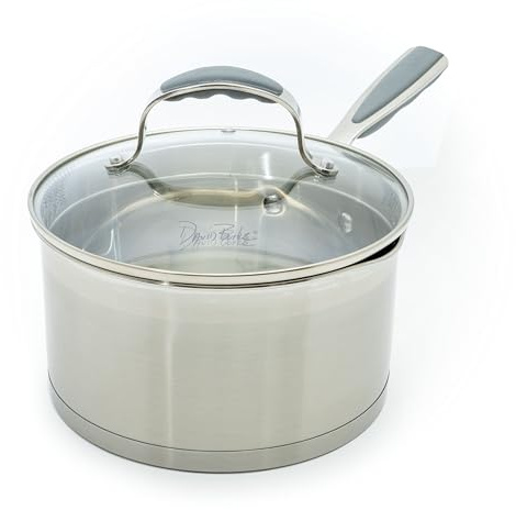 David Burke Gourmet Pro Stature Stainless Steel 3.5-Qt Sauce pan with Glass Straining Lid and Pour Spouts, EZ-Grip Riveted Handles for Durability and Control, Oven Safe - Brushed Gray