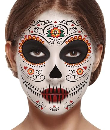 FIESTAS GUIRCA | Catrina-Gesichtstattoo (30 x 14 cm) - Klebe-Juwelen - Make-up für den Tag der Toten und Halloween - Mexikanisches Kostüm für Frauen - Mehrfarbig