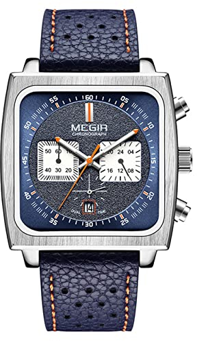 FORSINING Herren-Armbanduhr, Quarz, analog, Datumsanzeige, echtes Lederarmband, quadratisches Zifferblatt, wasserdicht, Blau, Armband