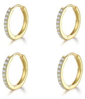 2 Paare Gold Creolen Set für Damen, klein Ohrringe Set mit Zirkonia, 925 Silber Vergoldet Kreolen Hypoallergen Klein Schlafen Kreolen für Frauen Herren-8mm*2
