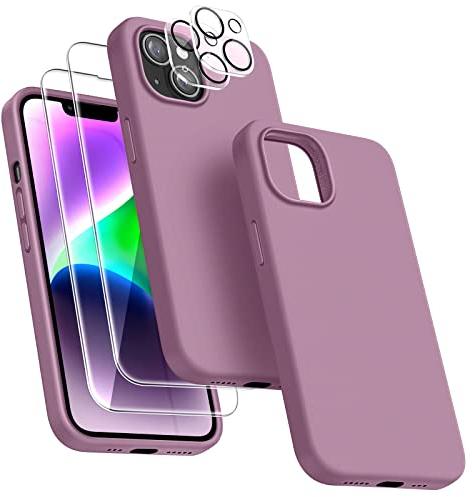 Dssairo [5-in-1 für iPhone 14 Hülle, mit 2 Displayschutzfolien + 2 Stück Kameraobjektivschutz, Flüssigsilikon Ultra Slim Stoßfest Schutzhülle [Mikrofaserfutter] 6.1 (Lila Lila)