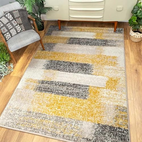 Modern Grey Striped Stain Resistant Living Room Area Rug Ochre Yellow Block Patten Distressed Durable Carpet Entrance Bedroom Hallway Rugs 160cm x 230cm