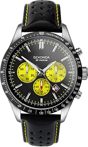 Sekonda Velocity Mens 45mm Quartz Watch in Black with Analogue Date Display, and Black Leather Strap 30068