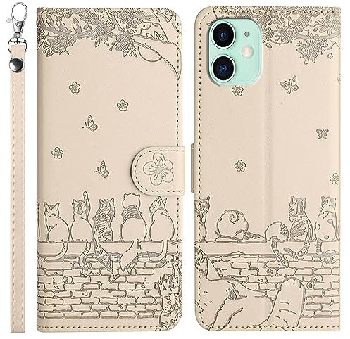 LEINOTWANCH Phone Case for Apple iPhone 12 Mini PU Leather Flip Case Wallet Protector[Full Protection][Card Slots][Kickstand][Lanyard ],Embossed Sakura+Kittens catching butterflies,Off White