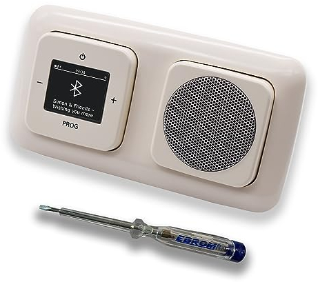 Busch Jäger DAB+ Unterputz Bluetooth (in and out) Radio 8217U-101 DURO2000 cremeweiß, Komplett-Set mit Lautsprecher, Abdeckungen und Rahmen + EBROM Phasenprüfer zur Montage der Geräte - 8217 U – 101