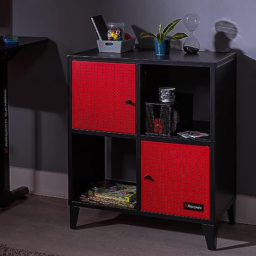 X-Rocker Mesh-Tek Metal Sideboard Display Cabinet, Square 4 Cube Storage Locker Media Unit with 2 Cupboard Doors and 2 Shelves - Black & Red