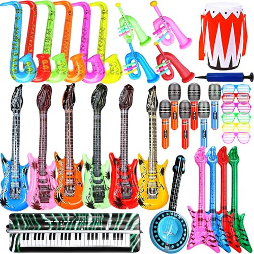 Smilixin Inflatable Guitar Set - Rock Star Toy with Inflatable Guitar, Bass, Piano, Drum, Microphone and Saxophone