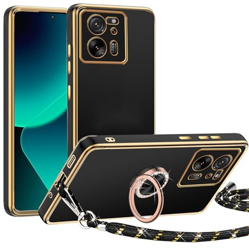TUUTPU Handykette für Xiaomi 13T/Xiaomi 13T Pro Hülle mit Band, Handyhülle mit 360° Ring Ständer Dünn Silikon TPU Stoßfeste Schutzhülle mit Abnehmbar Kordel zum Umhängen mit Schnur, Schwarz