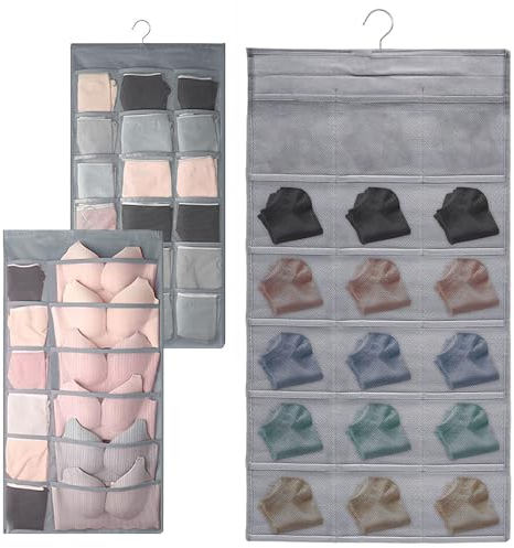 LTHERMELK Double-Sided Hanging Lingerie Storage Bags (Set Of 2) - Mesh Pocket Design, Wardrobe Hook Organizer, Suitable For Storing Bras, Underwear, Socks, And Ties (Gray).